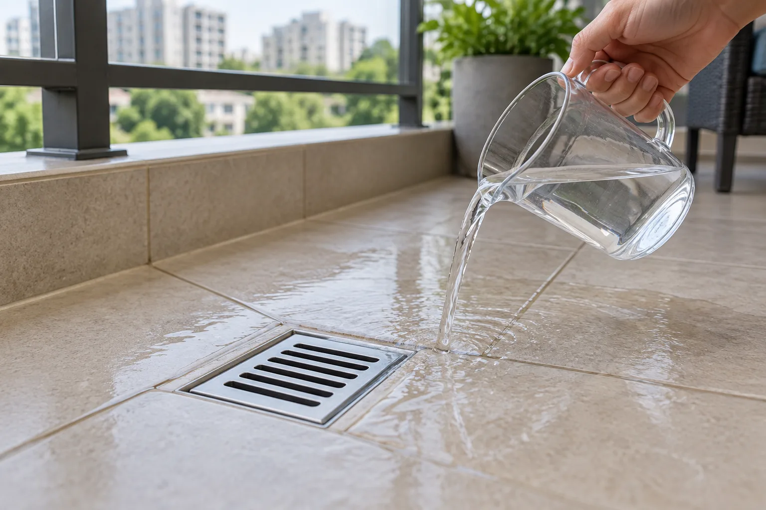 Yerine takılan balkon süzgecinde az miktarda suyla akış kontrolü