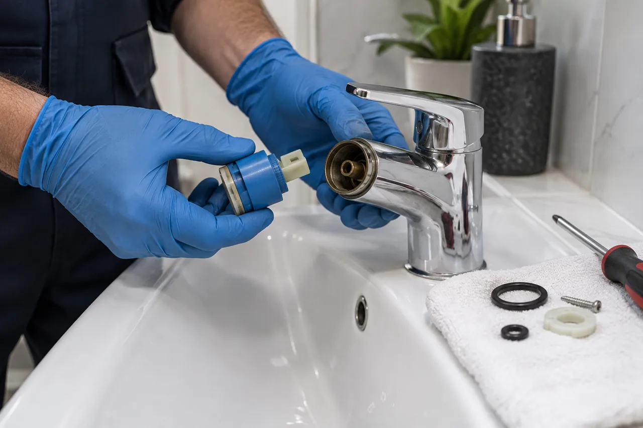 Şişli su tesisatçısı hizmetinde banyo lavabosundaki damlatan musluğun kartuş ve conta parçalarını kontrol eden tesisat ustası.